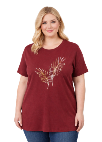 42/44/46 Beden Baskılı Tişört-Bordo PB356