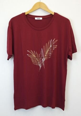 42/44/46 Beden Baskılı Tişört-Bordo PB356