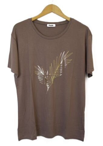 42/44/46 Beden Baskılı Tişört-Vizon PB365