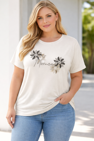 42/44/46 Beden Baskılı Tişört-Ekru PB368