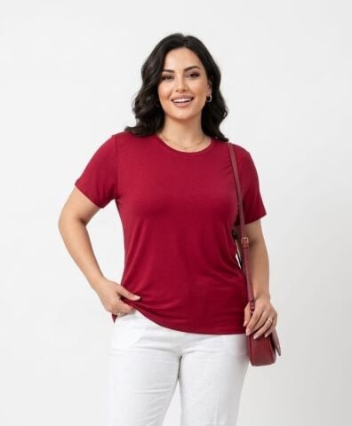 42/44/46 Beden Basic Tişört-Bordo PB394