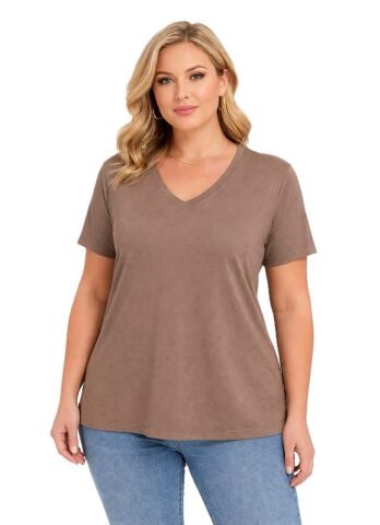 42/44/46 Beden V Yaka Basic Tişört-Kahverengi PB395