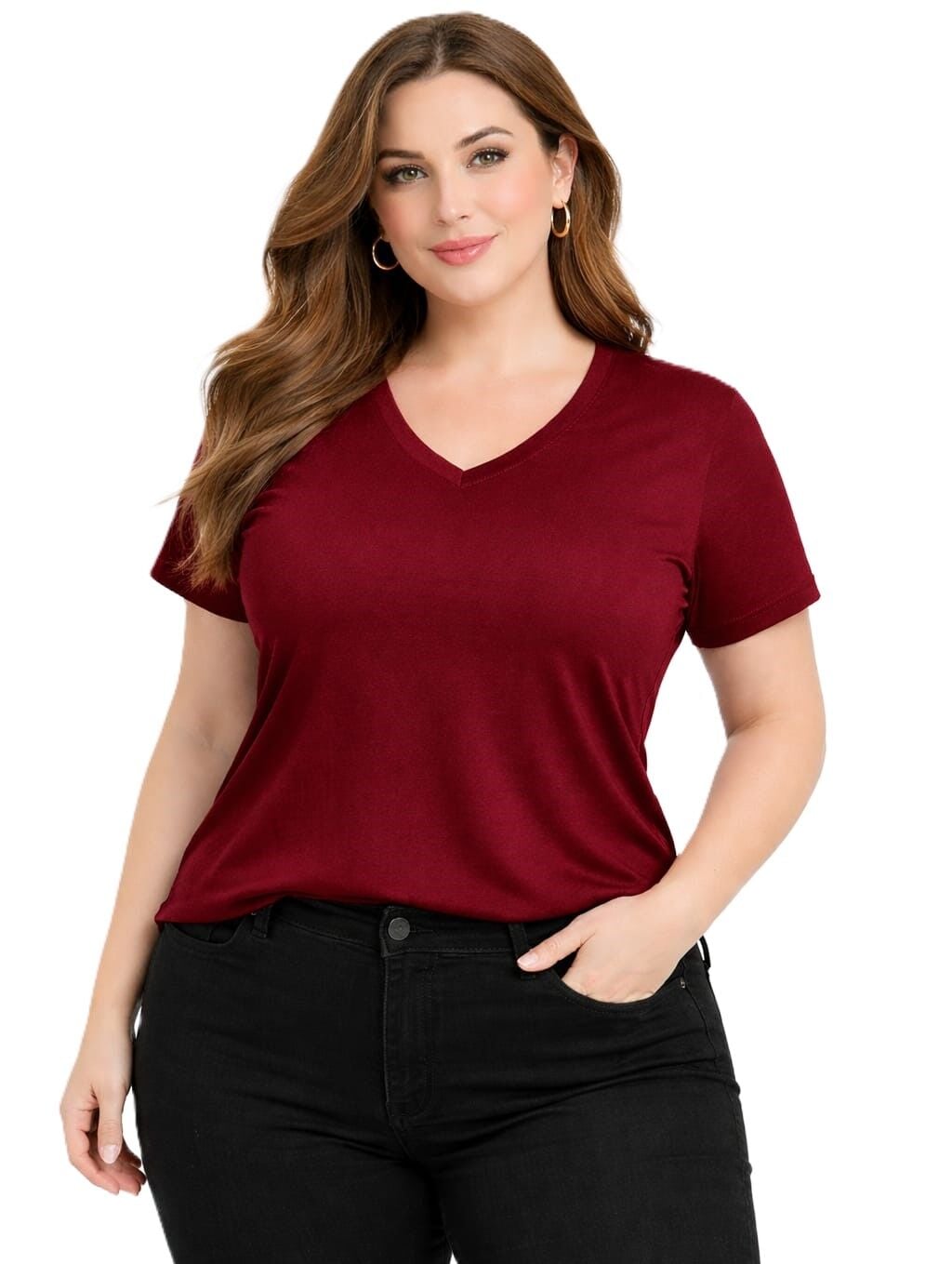 42/44/46 Beden V Yaka Basic Tişört-Bordo PB396