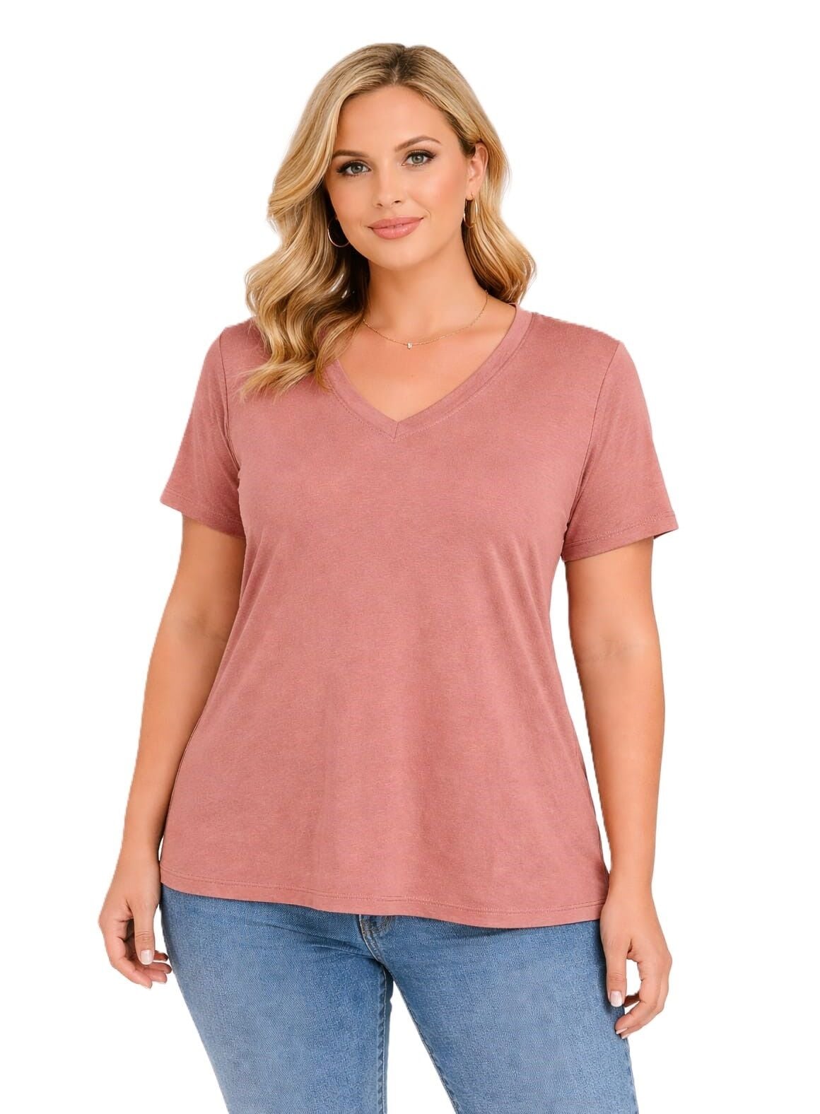 42/44/46 Beden V Yaka Basic Tişört-Gül Kurusu PB397