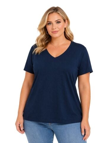 42/44/46 Beden V Yaka Basic Tişört-Lacivert PB398