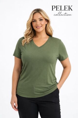 42/44/46 Beden V Yaka Basic Tişört-Haki PB399