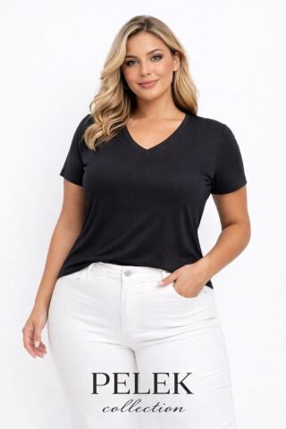 42/44/46 Beden V Yaka Basic Tişört-Siyah PB401