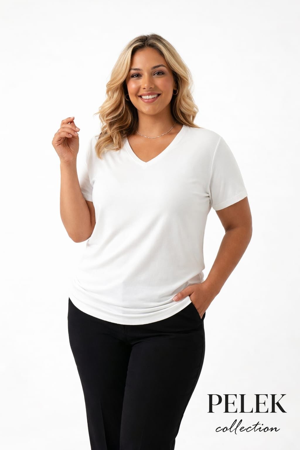 42/44/46 Beden V Yaka Basic Tişört-Beyaz PB402