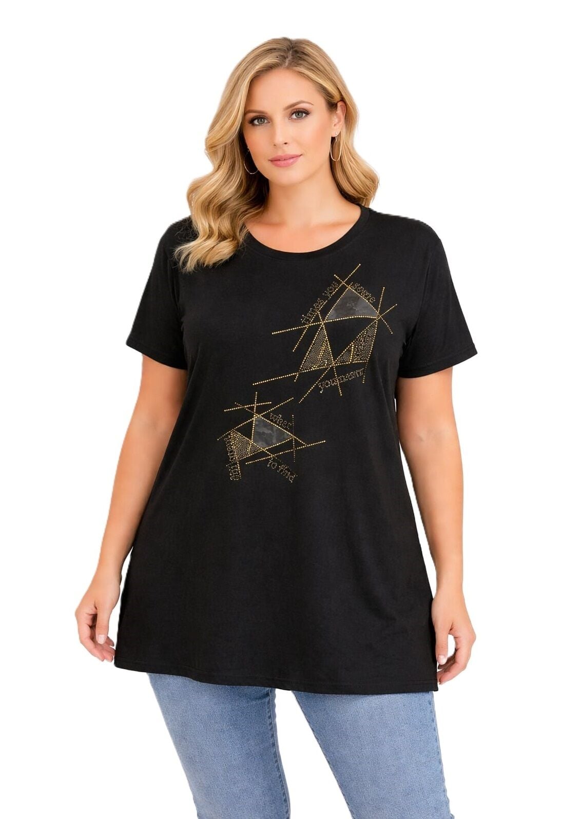 Büyük Beden Taş Baskılı Tunik-Siyah PB403