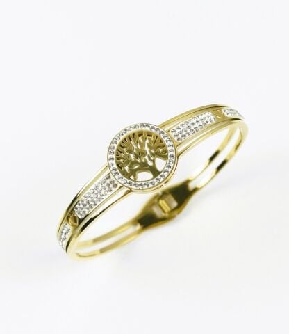 Taşlı Hayat Ağacı Çelik Kelepçe Bileklik TBL19