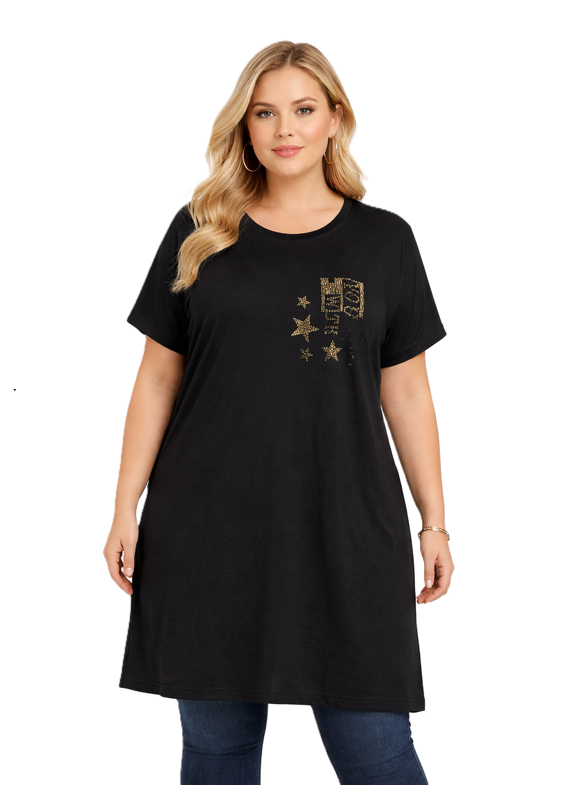 Büyük Beden Taş Baskılı Tunik-Siyah PB405