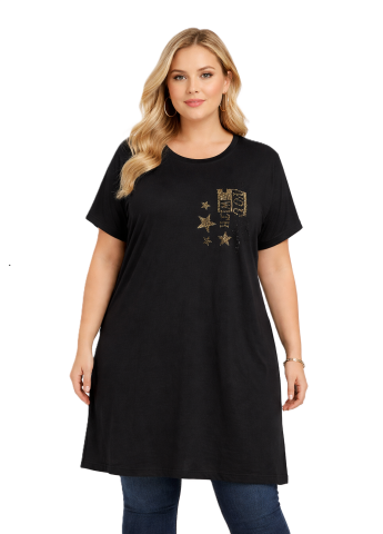 Büyük Beden Taş Baskılı Tunik-Siyah PB405