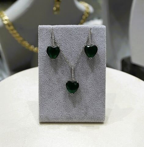 Yeşil Kalp Taş Çelik İkili Takım Set ÇTA02