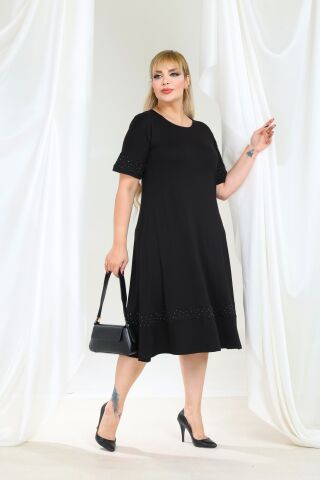 Büyük Beden Taş Detay Midi Boy Elbise-Siyah PE653