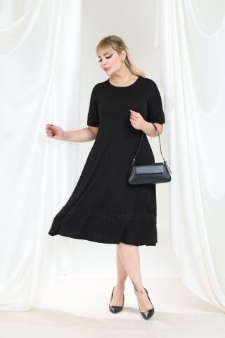 Büyük Beden Taş Detay Midi Boy Elbise-Siyah PE653
