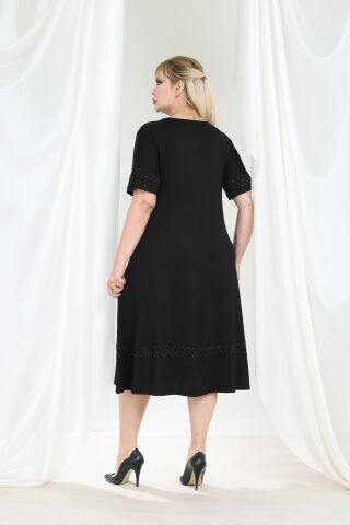Büyük Beden Taş Detay Midi Boy Elbise-Siyah PE653