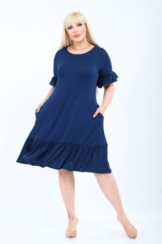 Büyük Beden Fırfır Detay Midi Boy Elbise-Lacivert PE654