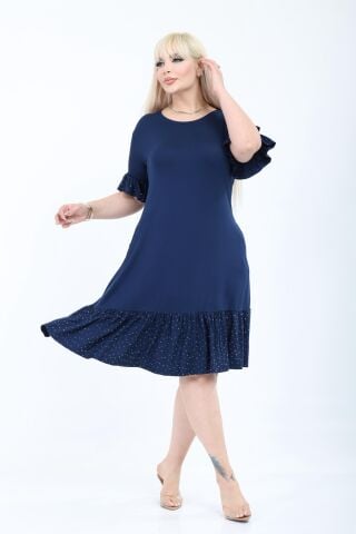 Büyük Beden Fırfır Detay Midi Boy Elbise-Lacivert PE654