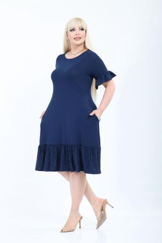 Büyük Beden Fırfır Detay Midi Boy Elbise-Lacivert PE654