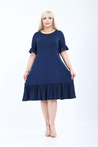 Büyük Beden Fırfır Detay Midi Boy Elbise-Lacivert PE654