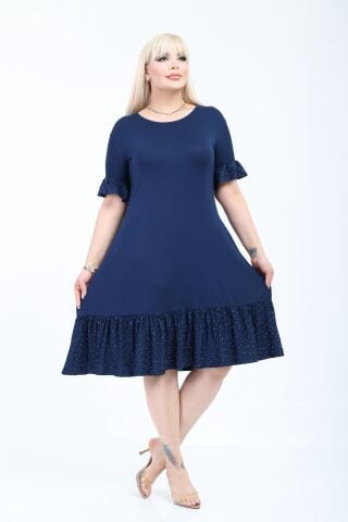 Büyük Beden Fırfır Detay Midi Boy Elbise-Lacivert PE654