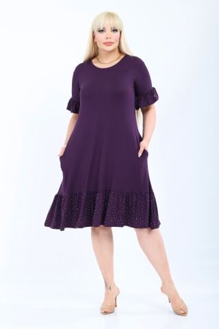 Büyük Beden Fırfır Detay Midi Boy Elbise-Mor PE655
