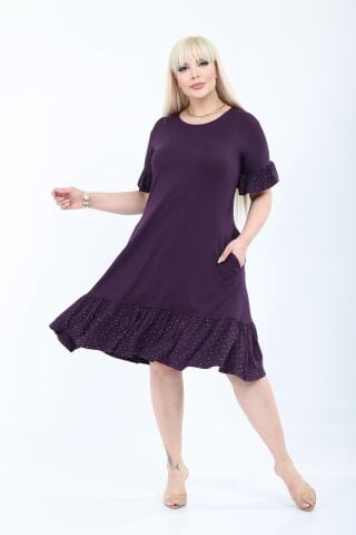 Büyük Beden Fırfır Detay Midi Boy Elbise-Mor PE655