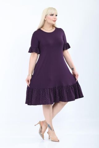Büyük Beden Fırfır Detay Midi Boy Elbise-Mor PE655