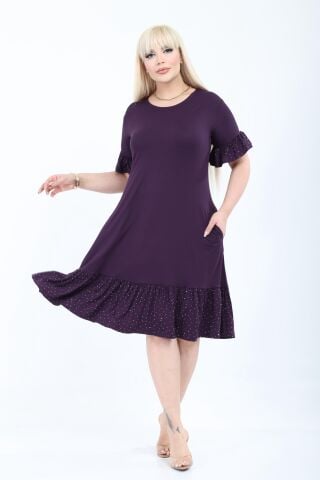 Büyük Beden Fırfır Detay Midi Boy Elbise-Mor PE655