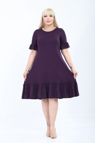 Büyük Beden Fırfır Detay Midi Boy Elbise-Mor PE655