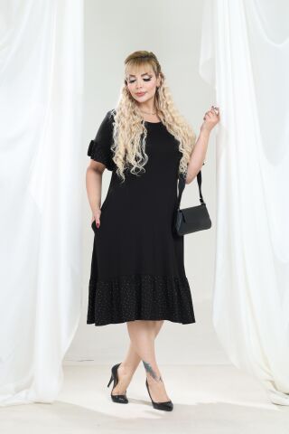 Büyük Beden Fırfır Detay Midi Boy Elbise-Siyah PE656