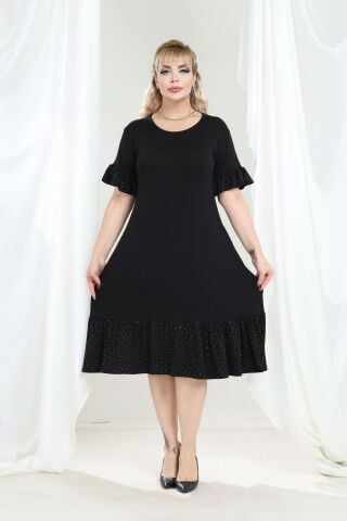 Büyük Beden Fırfır Detay Midi Boy Elbise-Siyah PE656