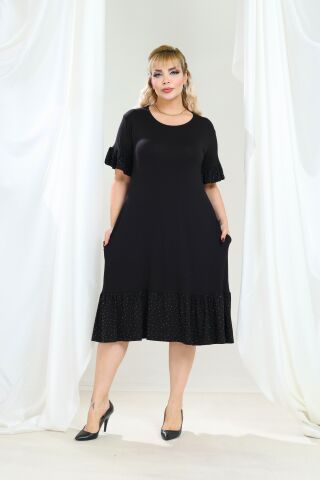 Büyük Beden Fırfır Detay Midi Boy Elbise-Siyah PE656