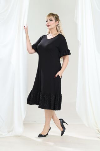 Büyük Beden Fırfır Detay Midi Boy Elbise-Siyah PE656