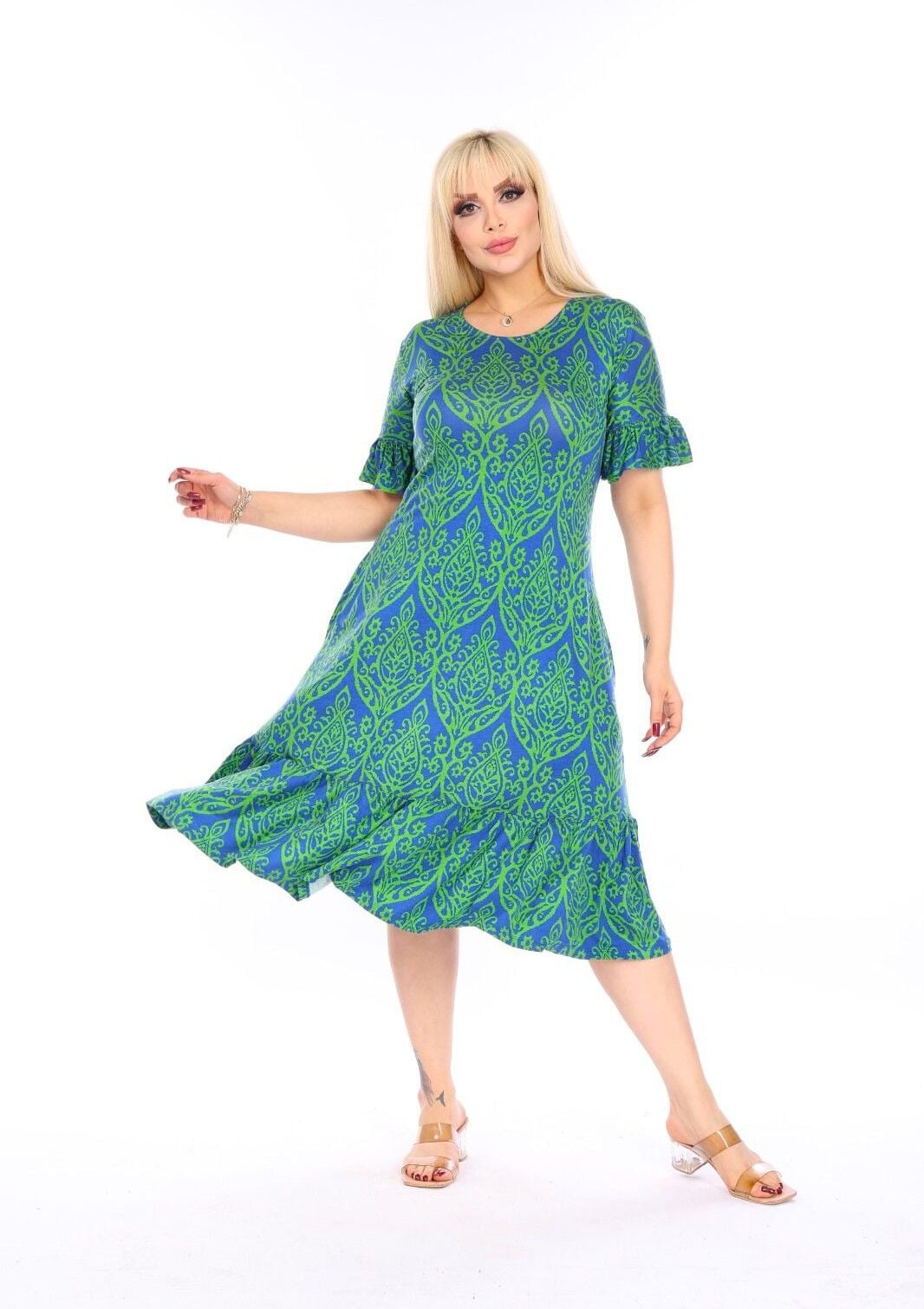 Büyük Beden Fırfır Detay Midi Boy Elbise PE658