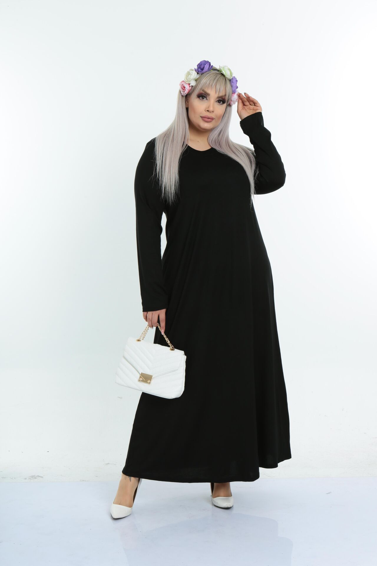 Büyük Beden Uzun Elbise-Siyah PE663