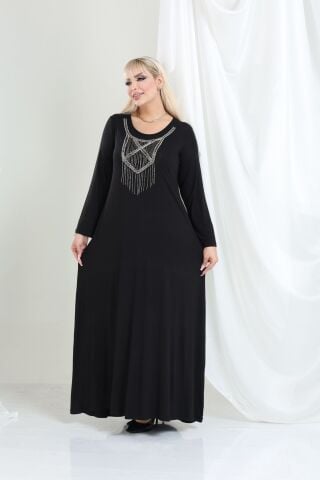 Büyük Beden Metal Yaka Uzun Elbise-Siyah PE665