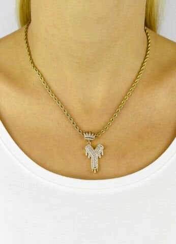 Taç Harf Taşlı Çelik Kolye Y TK61