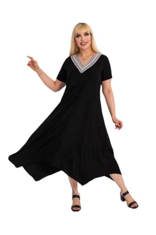 Büyük Beden Dantel Yaka Asimetrik Elbise PE669