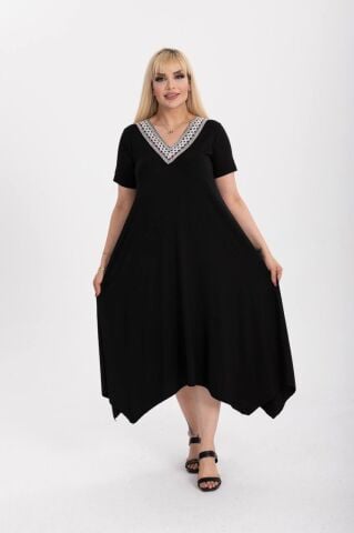 Büyük Beden Dantel Yaka Asimetrik Elbise PE669