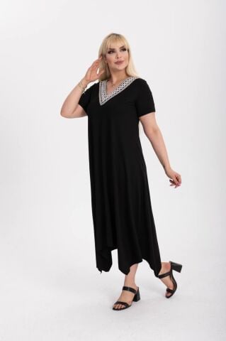 Büyük Beden Dantel Yaka Asimetrik Elbise PE669