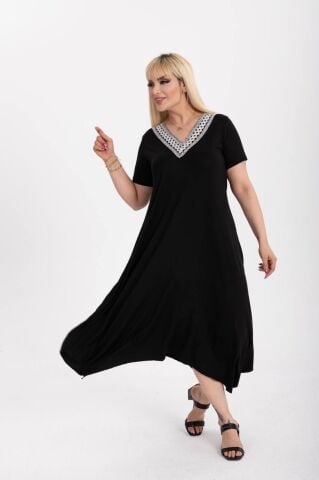 Büyük Beden Dantel Yaka Asimetrik Elbise PE669