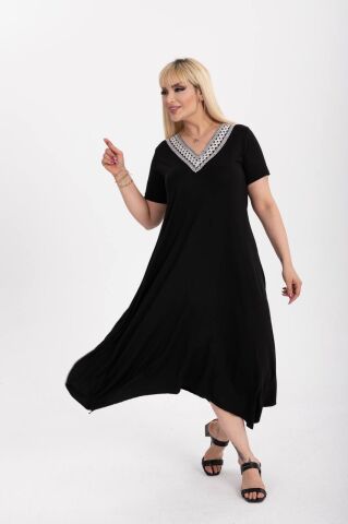 Büyük Beden Dantel Yaka Asimetrik Elbise PE669