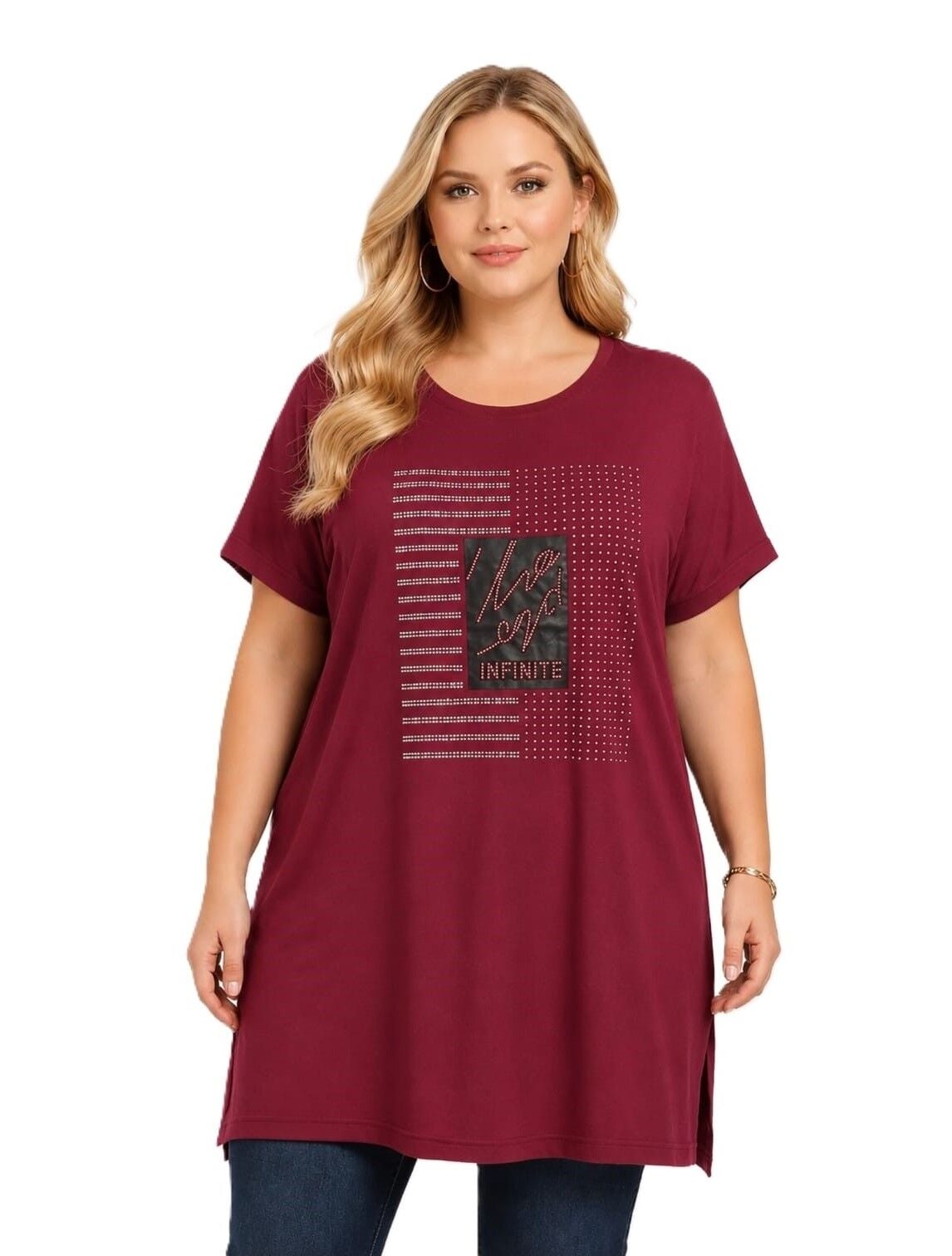 Büyük Beden Taş Baskılı Tunik-Bordo PB430