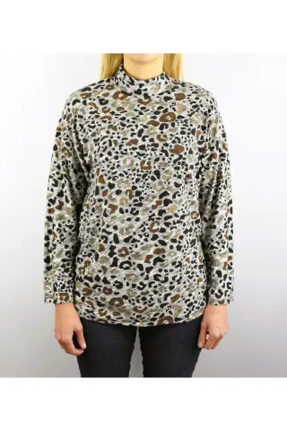 Büyük Beden Desenli Yarım Balıkçı Uzun Kollu Bluz PB00785