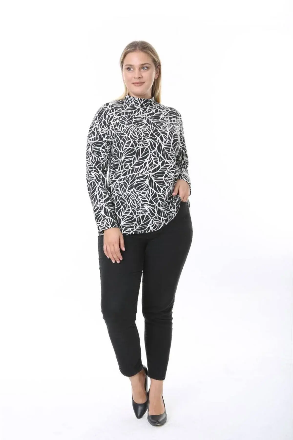 Büyük Beden Yarım Balıkçı Uzun Kollu Bluz PB0034