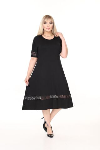 Büyük Beden Dantel Detay Midi Boy Elbise-Siyah PE670