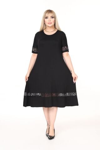 Büyük Beden Dantel Detay Midi Boy Elbise-Siyah PE670