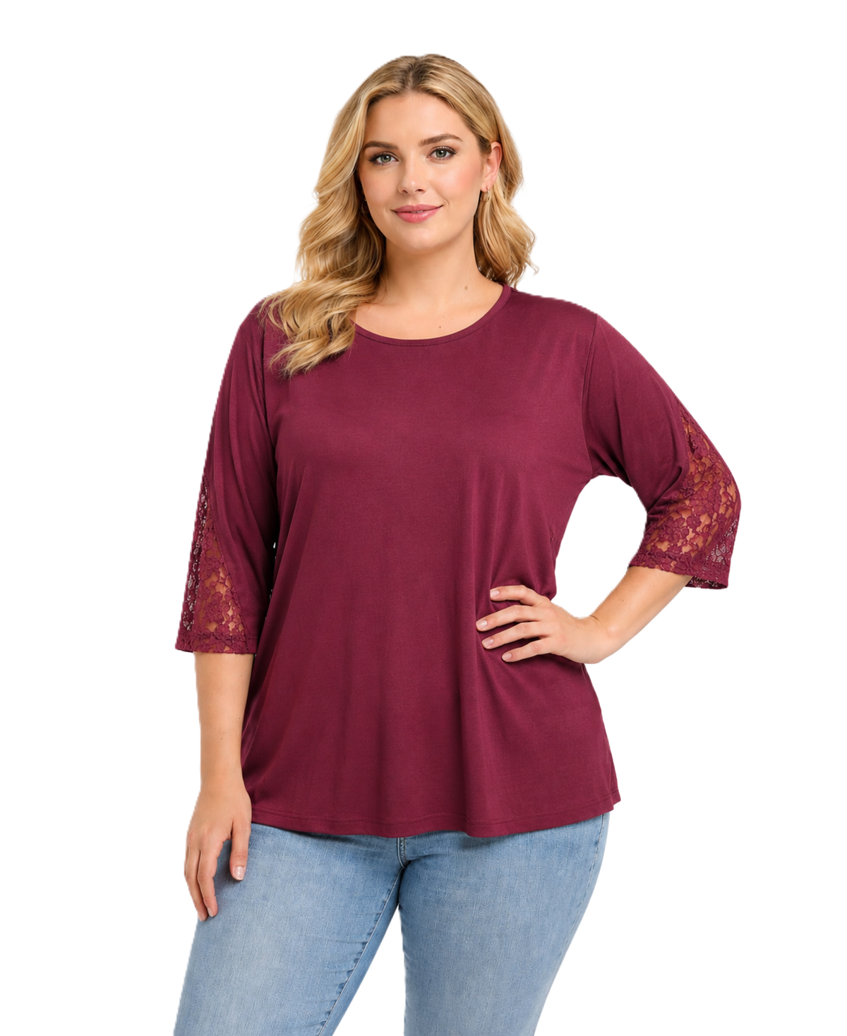 Büyük Beden Kollar Dantel Bluz-Bordo PB435