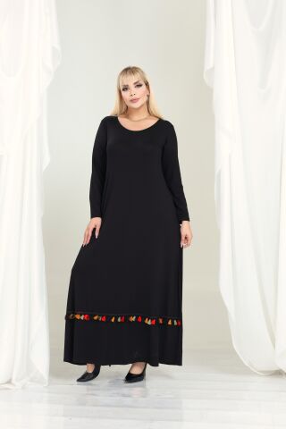 Büyük Beden Püsküllü Uzun Elbise-Siyah PE701